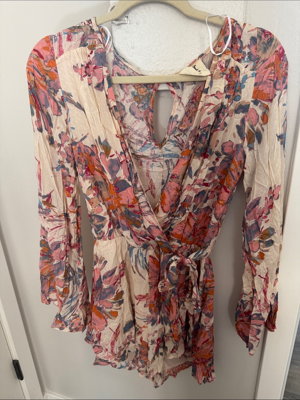 Floral Wrap-Front Women’s Romper in Cream and Pink